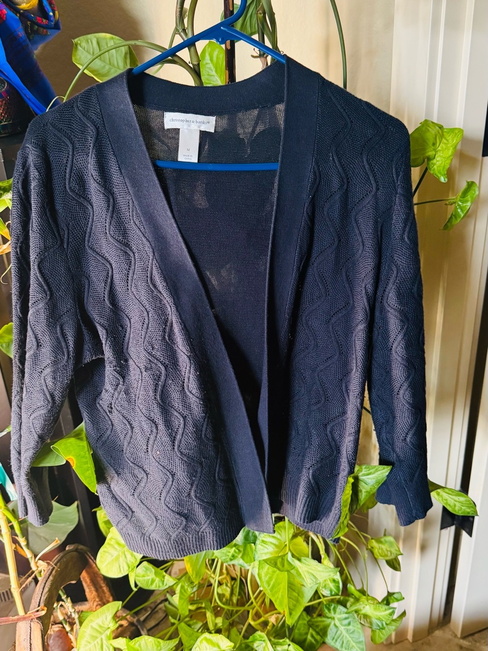 Christopher & Banks Navy Open-Front Cable Knit Cardigan